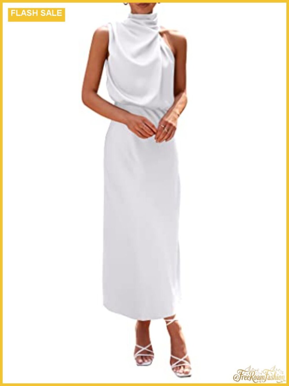Satin Sleeveless Mock Neck Maxi Swing Dress High Waist Formal Party